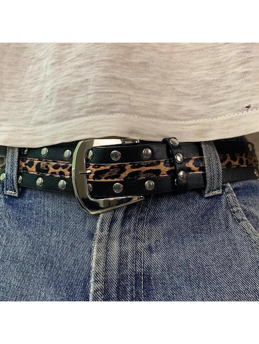 Cheetah print studded silver belt buckle belt. Punk gothic y2k style. 37 inches